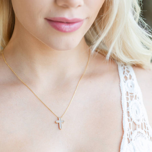 Feel the Faith, Shell Pavé Cross Necklace — Gold