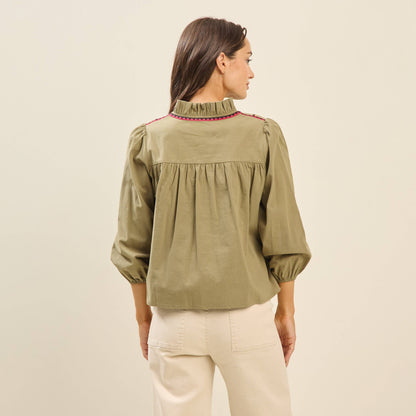 Sloane Embroidered Collar Blouse – Olive