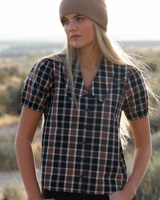 Downeast classic plaid button-down top featuring a traditional checkered pattern and collared neckline.