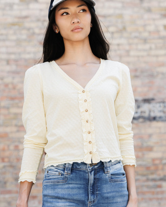 Downeast Carry On Cardi, a cozy knit top in neutral color, featuring a relaxed fit and button-front design.