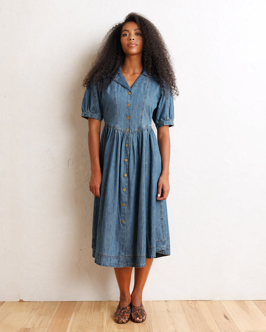 Downeast Orchard denim dress with sleeveless design and button front, shown on a hanger. Casual, stylish summer dress.