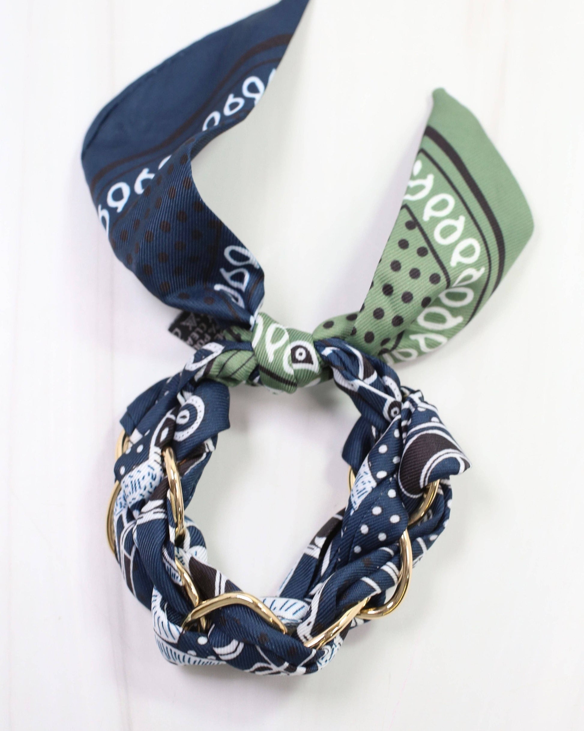 Caroline Hill Fontana Chain Scarf Bracelet in navy silk twist, featuring a stylish chain design on the scarf accessory.