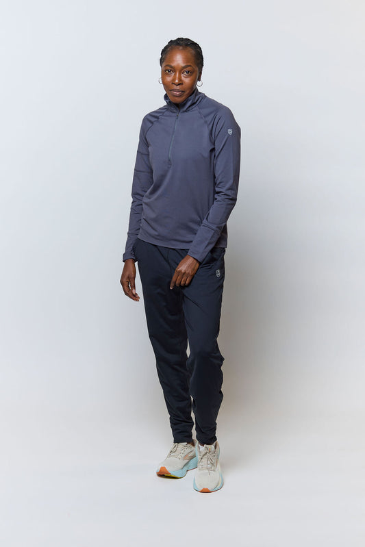 Black Valia women's training jogger pants by Goal Five, shown on a model, featuring a comfortable fit and athletic style.