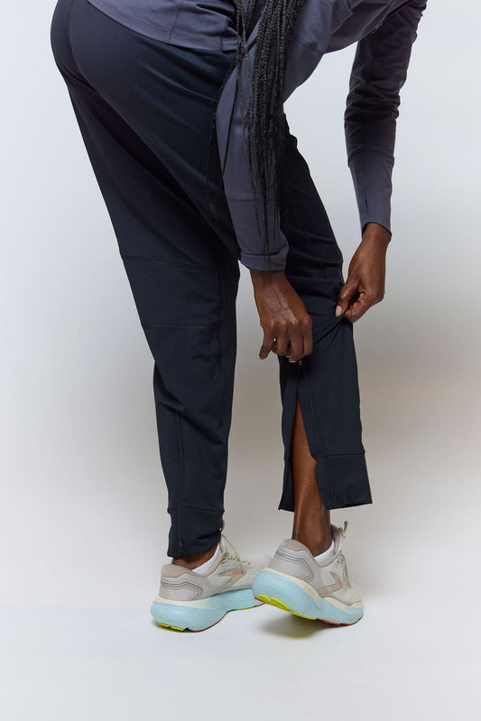 Black Valia women's training jogger pants by Goal Five, featuring a comfortable fit and casual style, shown in a studio setting.