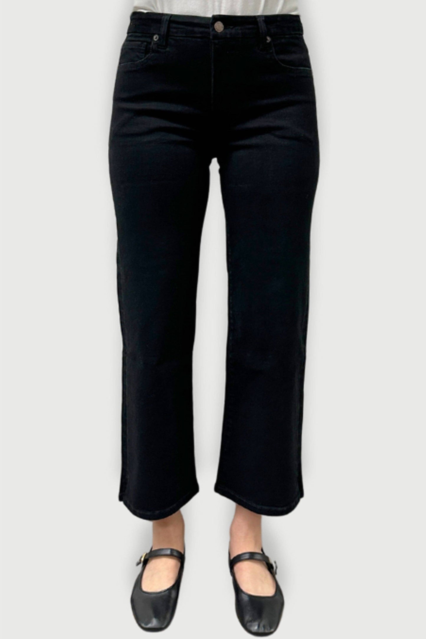 Oliver Logan Addington mid-rise wide-leg crop jeans in jet black, showing the stylish cropped length and wide leg design.
