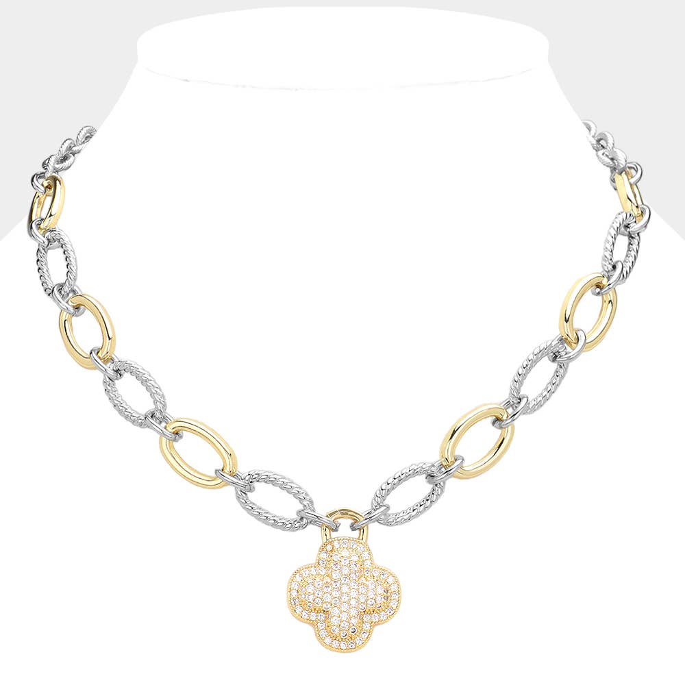 Adele CZ Stone Paved Quatrefoil Pendant Necklace