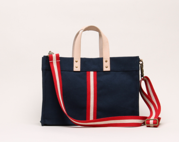 ShoreBags Newport Mini Box Tote bag in navy with red stripe, featuring structured design and sturdy handles.