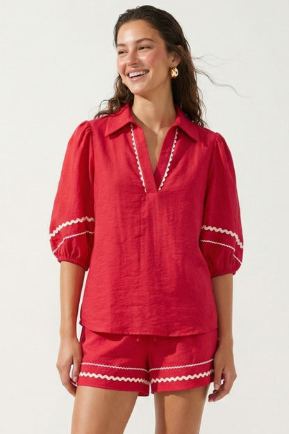 Scarlet Linen Trim Puff Sleeve Blouse