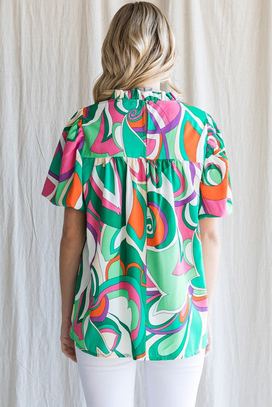Jodiful Palmer Garden puff sleeve top in floral print, featuring ruffled puff sleeves and a fitted bodice.