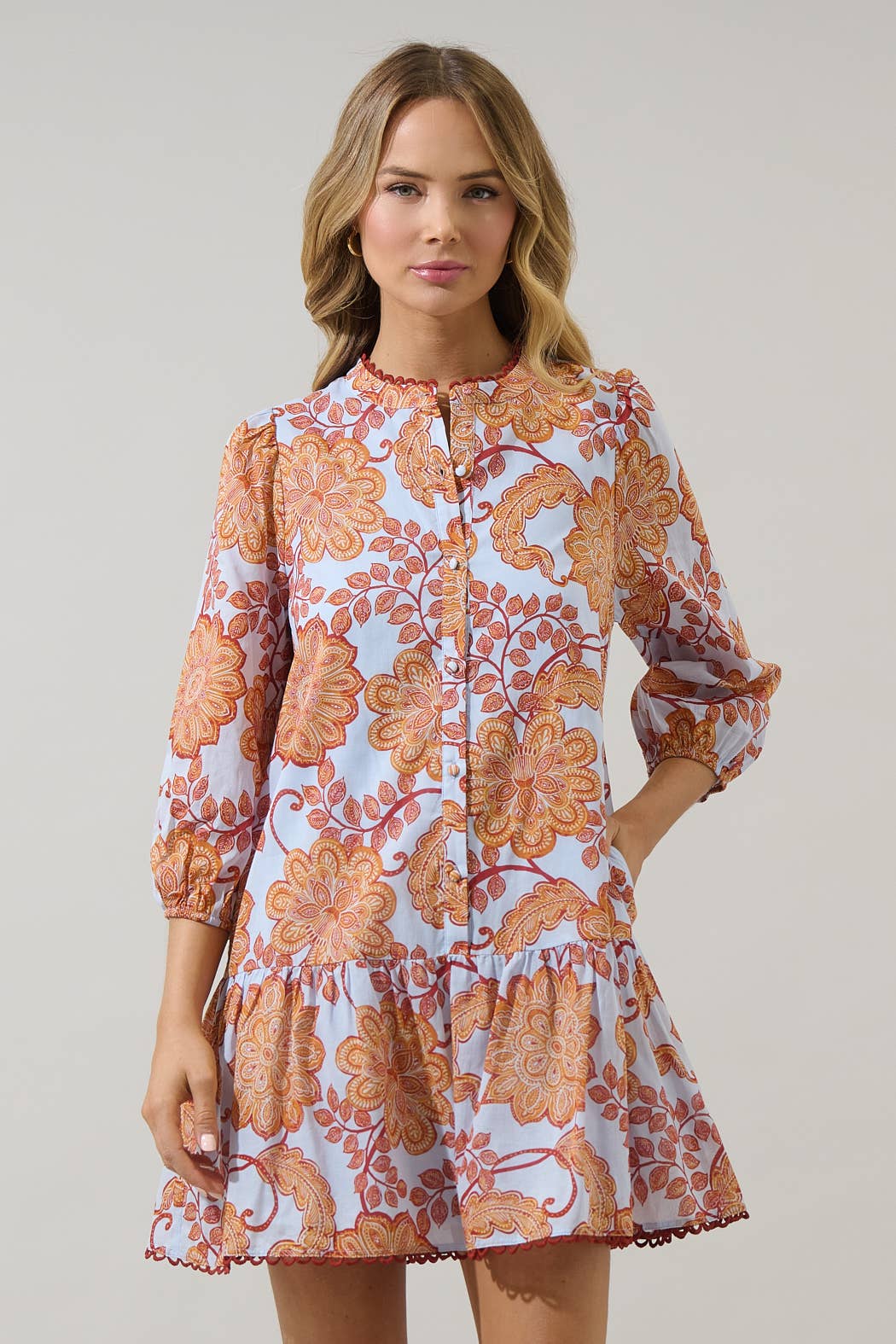 The Yamila Floral Ruffle Mini Dress (Brown & Blue)