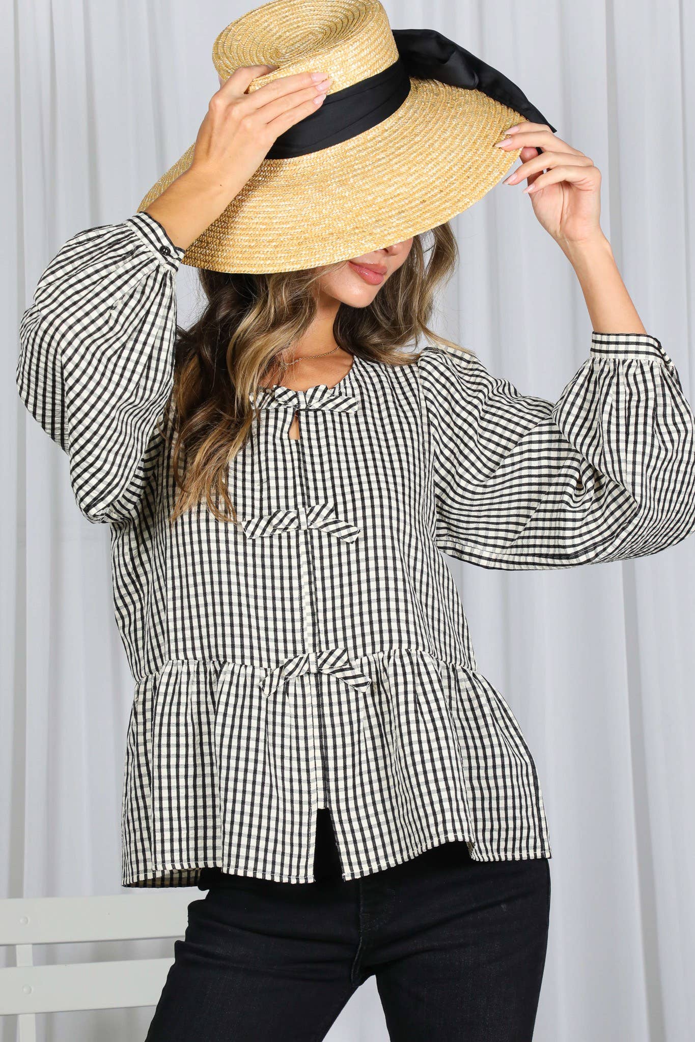 Charming Gingham Bow Blouse (Black)