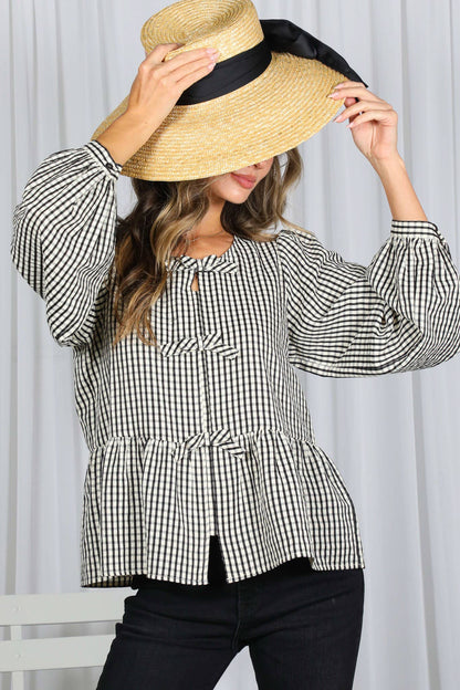Charming Gingham Bow Blouse (Black)