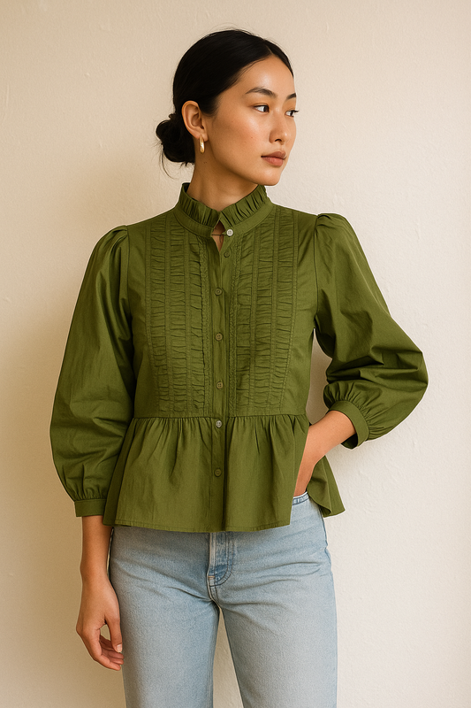 The Grace Pintuck Peplum Blouse - Olive Entro
