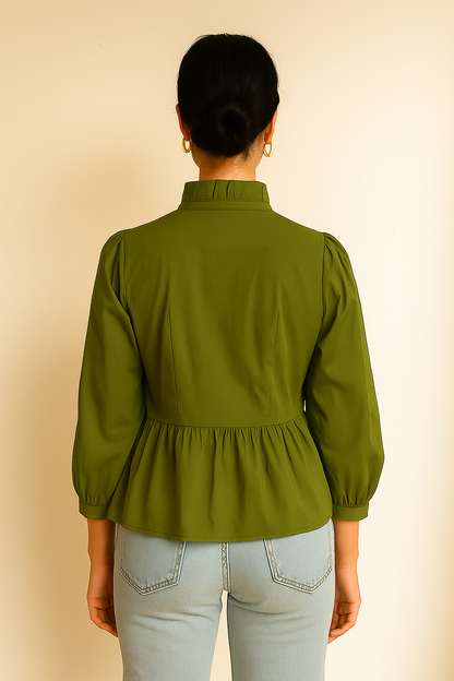 The Grace Pintuck Peplum Blouse - Olive Entro