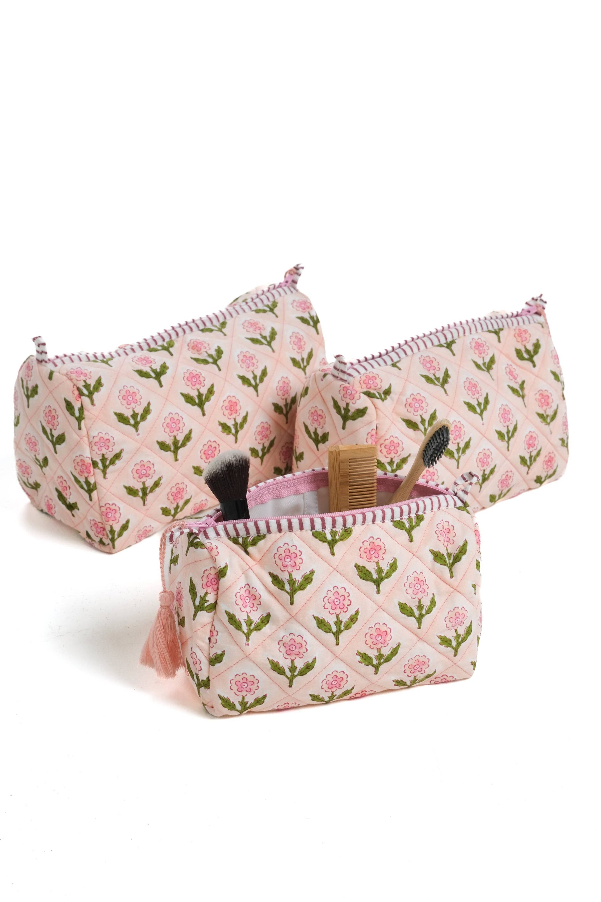 Inner Child Mona Blockprint makeup bag in pink with a stylish blockprint design, perfect for organizing cosmetics and essentials.