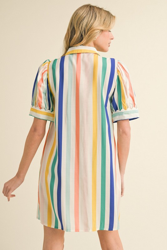Jodiful Caroline Riviera Stripe Shirt Dress displayed on a hanger with blue, white, and red horizontal stripes and button front.