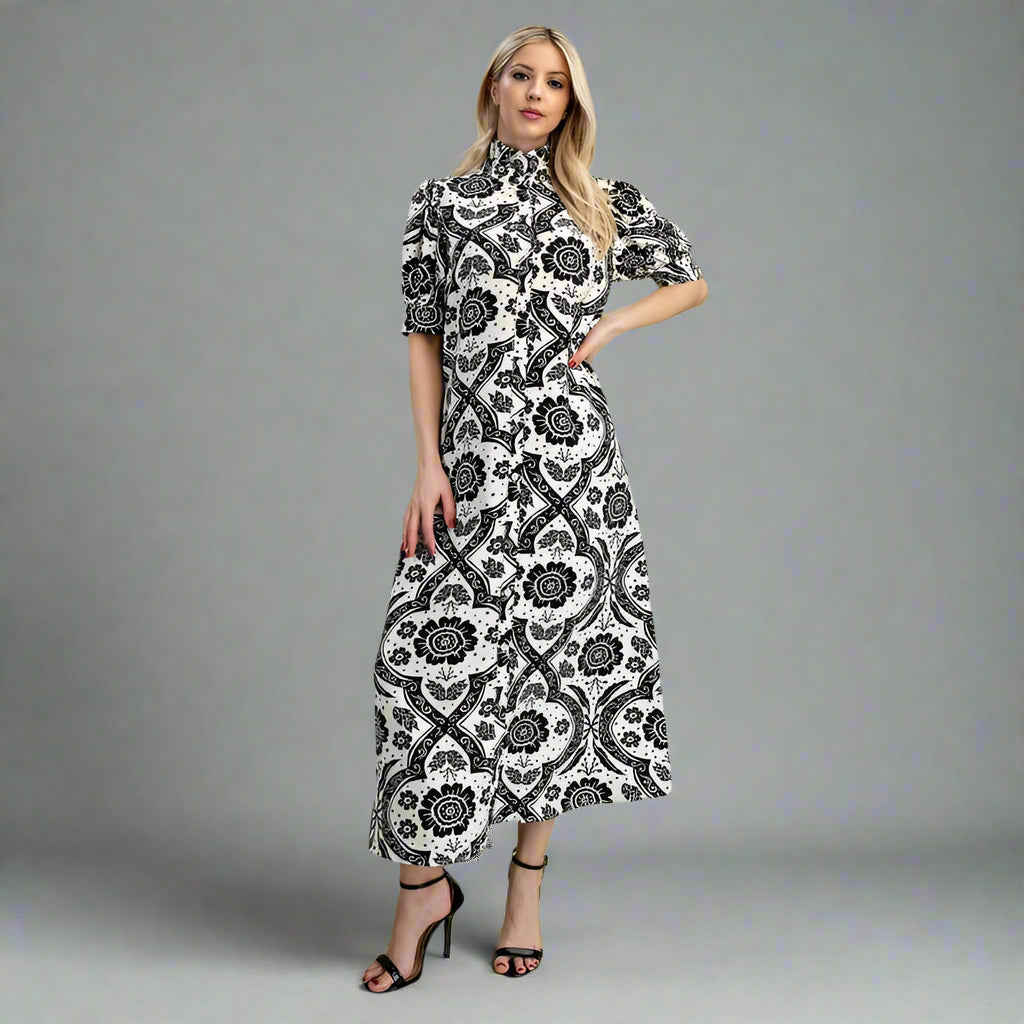 Eva Ruffled-Neck Maxi Dress – Black