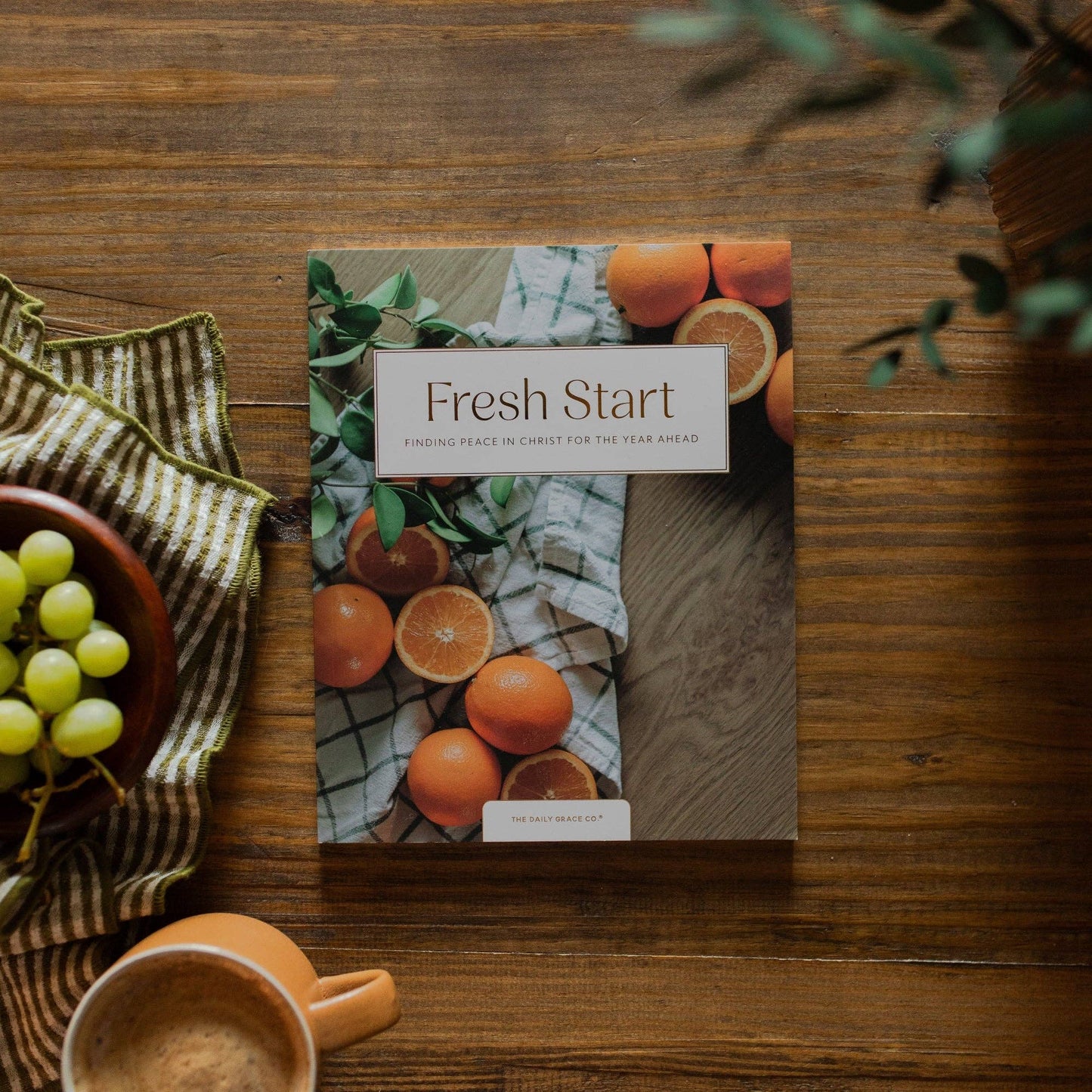 Fresh Start Devotional by The Daily Grace Co featuring an open book with inspirational quotes and a peaceful background.