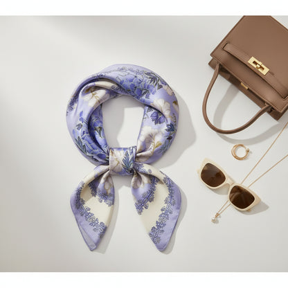 Mulberry silk square scarf with elegant design, featuring soft fabric and stylish pattern, perfect for versatile fashion accessories.