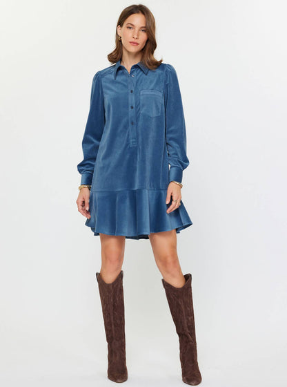 The Caroline Fine Corduroy Mini Dress — Steel Blue