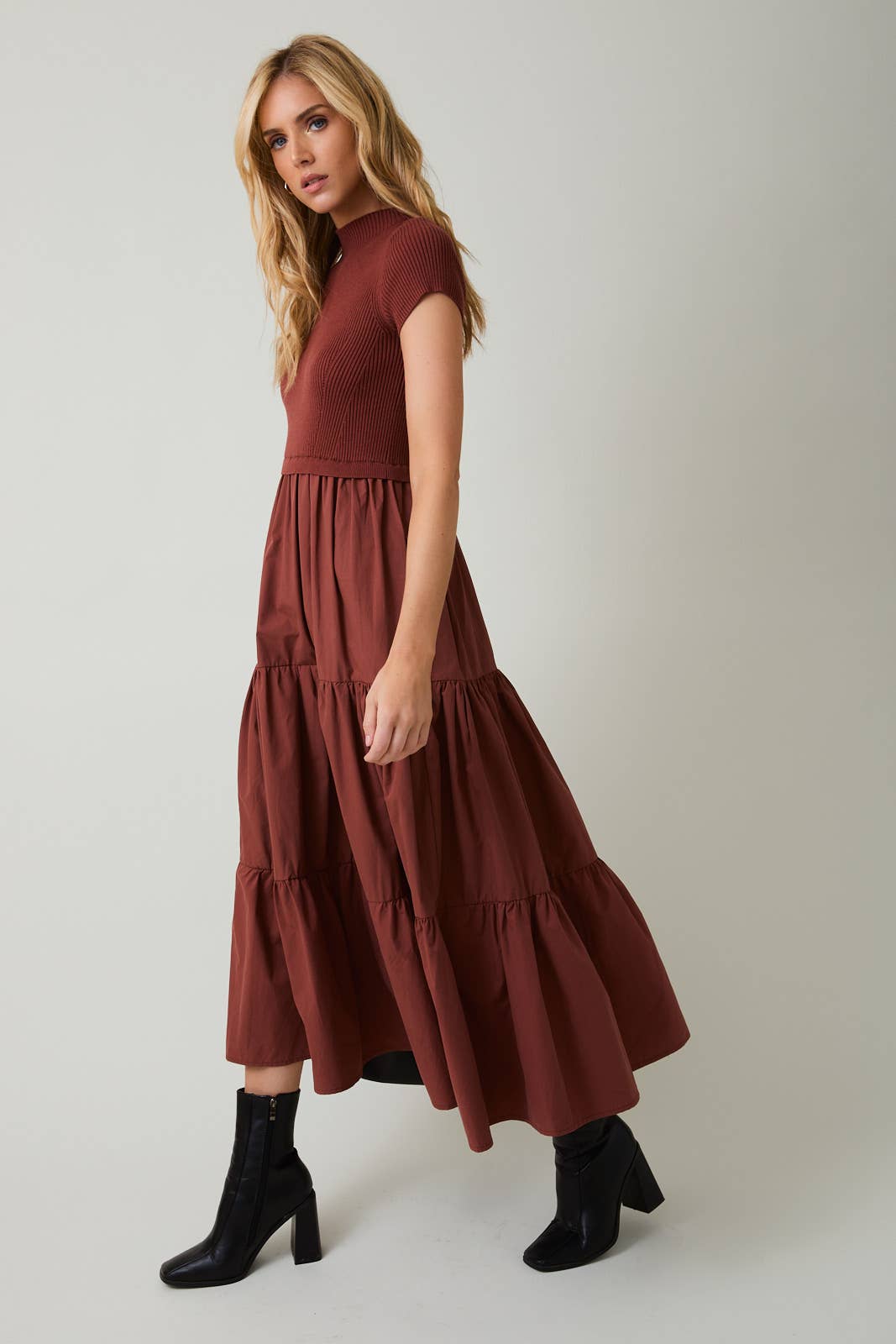 Maren Tiered Mock-Neck Midi Dress – Chestnut