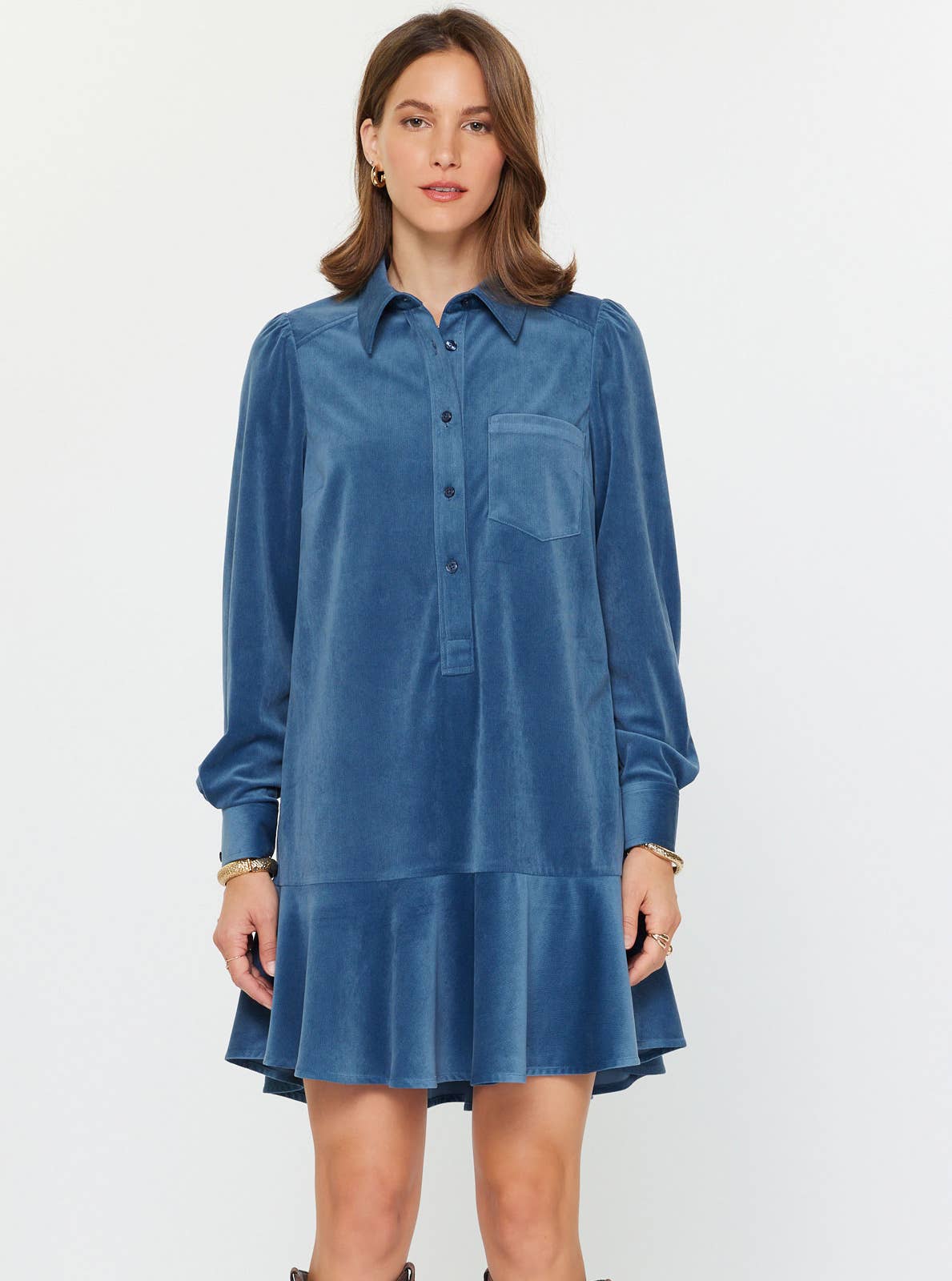 The Caroline Fine Corduroy Mini Dress — Steel Blue