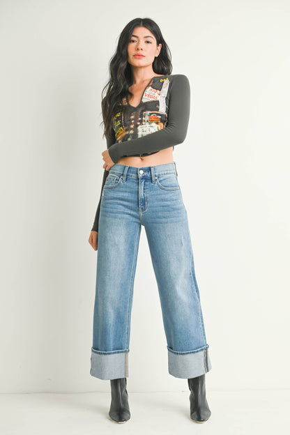 Piper Petite Cuffed Slim-Wide Jeans (Medium Wash)