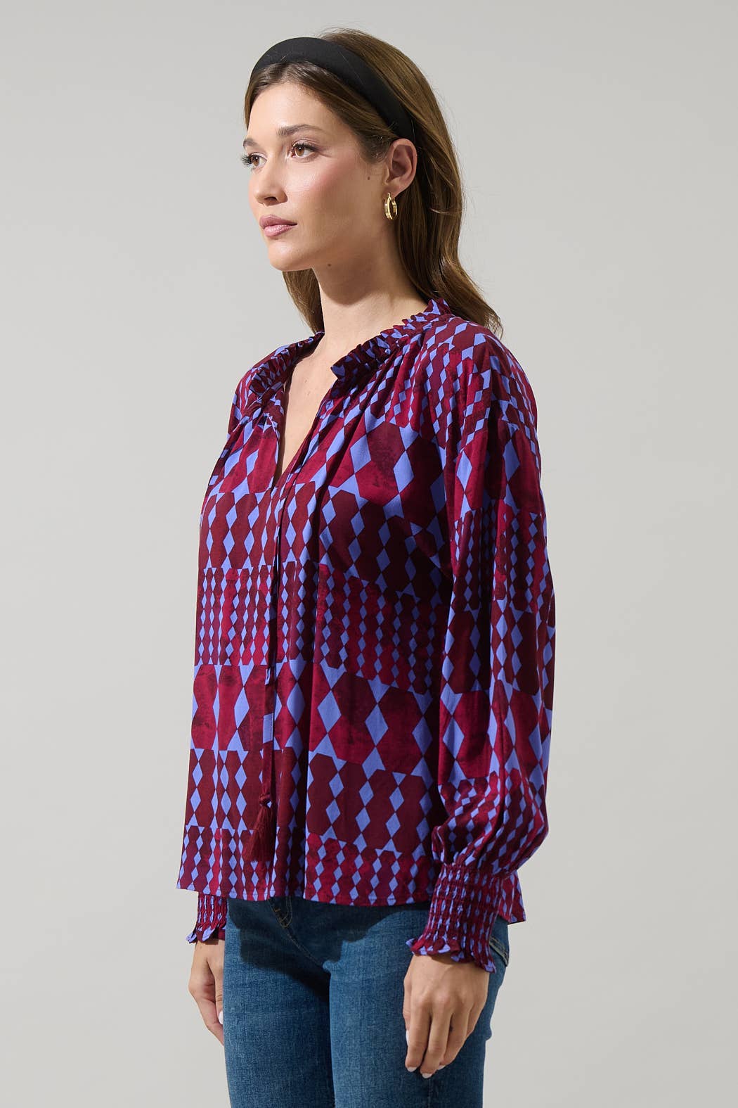 Ramsay Abstract Weylin Split-Neck Blouse – Burgundy & Blue
