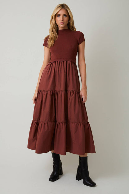 Maren Tiered Mock-Neck Midi Dress – Chestnut