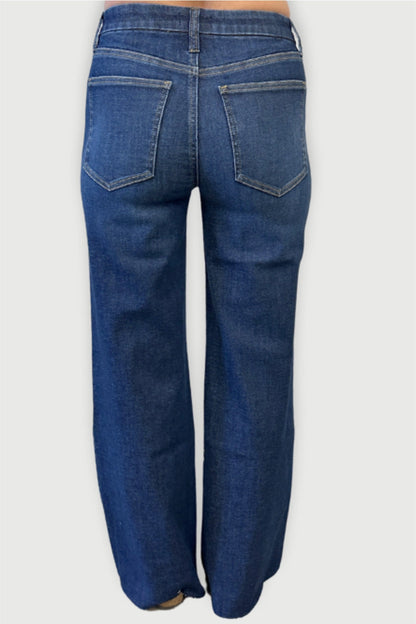 Oliver Logan Crawford mid-rise fitted wide-leg jeans in dark worn wash, showcasing the stylish denim fit and design.