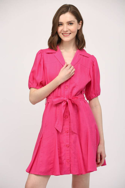 City Bloom Puff-Sleeve Linen Mini (Fuchsia)