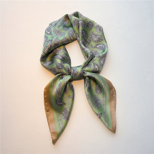 Fresh green vintage silk square scarf with intricate patterns, lightweight and elegant, perfect for stylish accessories.