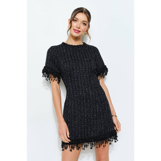 Beaded Fringe Tweed Mini Dress