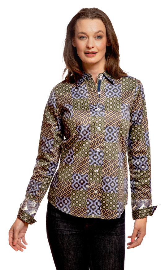 Dizzy-Lizzie Rome shirt in navy patchwork foulard print, featuring a stylish button-up design and classic shirt collar.