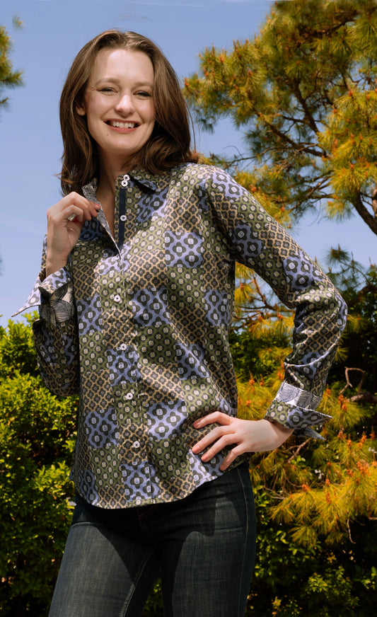 Dizzy-Lizzie Rome Shirt in navy patchwork foulard print with long sleeves and collared design, casual stylish shirt for men.