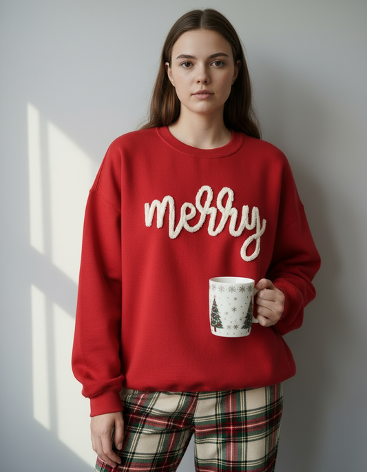 Merry Yarn Embroidered Christmas Sweatshirt – Red