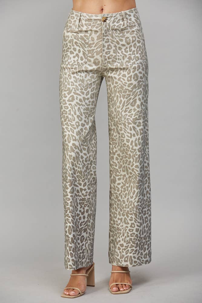 Celina Metallic Animal Print Wide-Leg Pants – Beige Multi