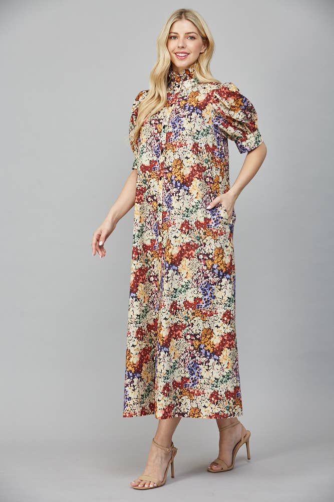 Garden Stroll Ruffle-Neck Midi Dress (Ivory Multi)