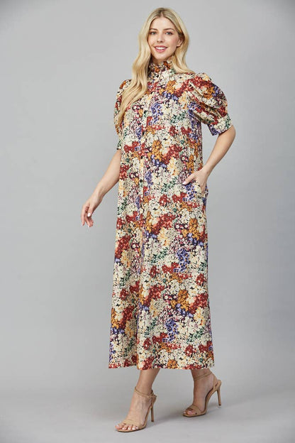 Garden Stroll Ruffle-Neck Midi Dress (Ivory Multi)