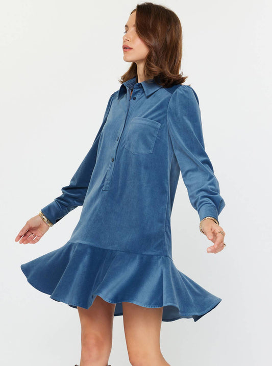 The Caroline Fine Corduroy Mini Dress — Steel Blue