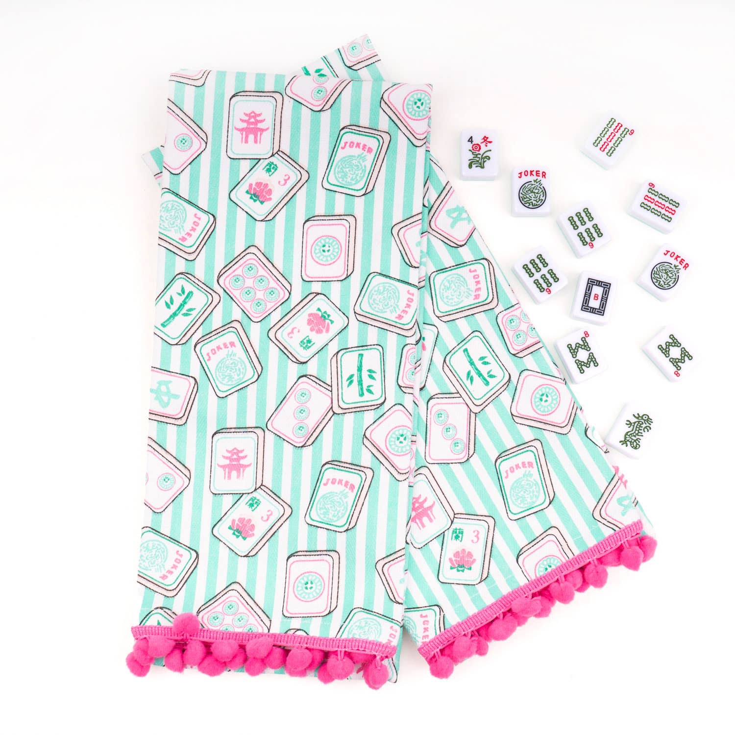 Mahjong Stripe Pom-Pom Kitchen Towel Set by 8 Oak Lane, colorful striped towels with pom-pom accents for kitchen decor.
