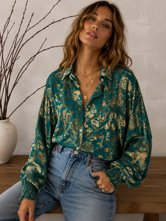 Lil Bee's Bohemian after midnight burnout velvet mesh blouse with balloon sleeves and button-up front, shown on a model.