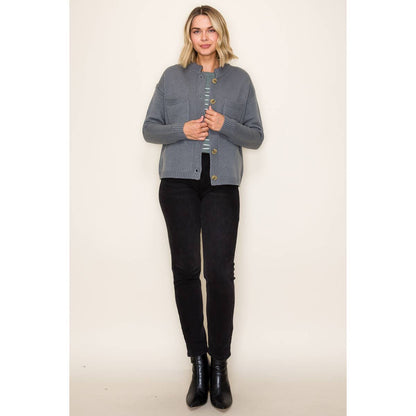 Margot Mock-Collar Button-Down Sweater Cardigan (Dusty Jade)
