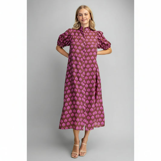 The Maren Printed Midi Dress — Brown Mix