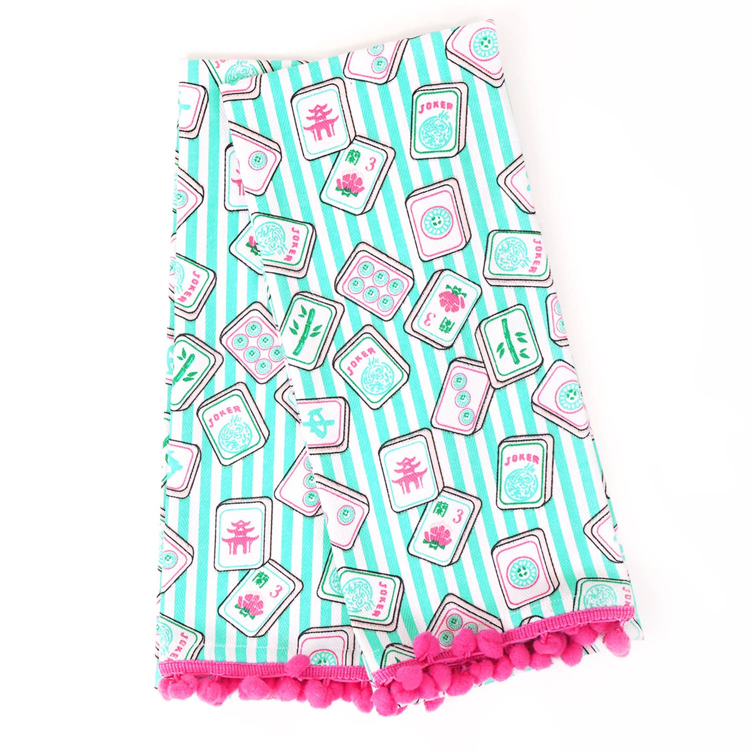 Mahjong Stripe Pom-Pom Kitchen Towel Set by 8 Oak Lane featuring colorful striped patterns and decorative pom-poms for kitchen decor