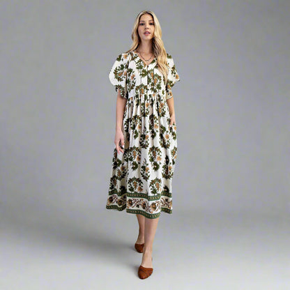 Floral Printed V-Neck Short-Sleeve Midi Dress – Olive Mix
