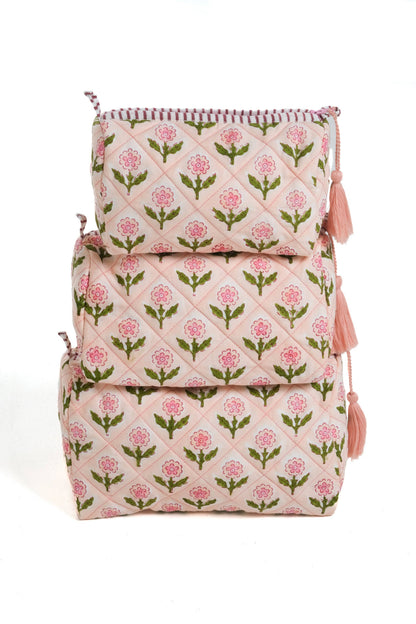 Pink Mona Blockprint makeup bag by Inner Child, featuring a stylish patterned design with a zip closure.
