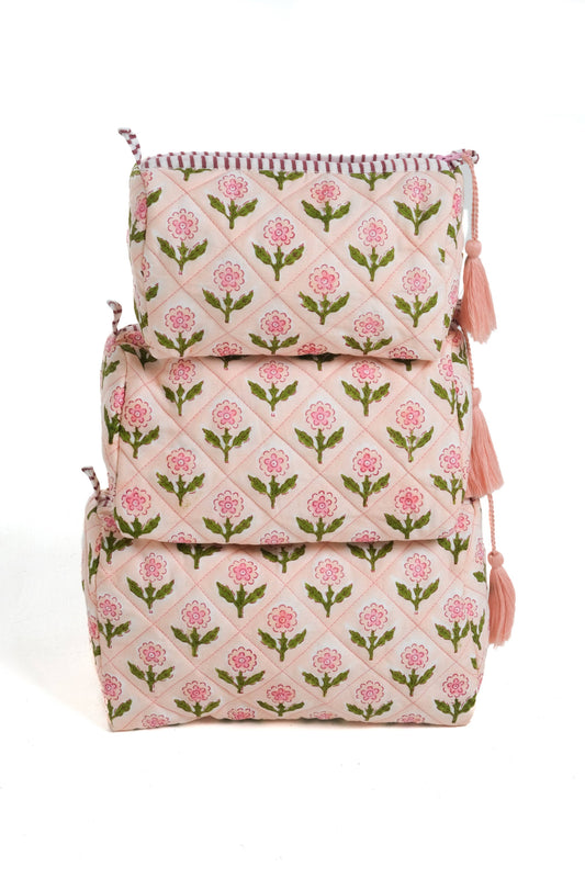 Pink Mona Blockprint makeup bag by Inner Child, featuring a stylish patterned design with a zip closure.
