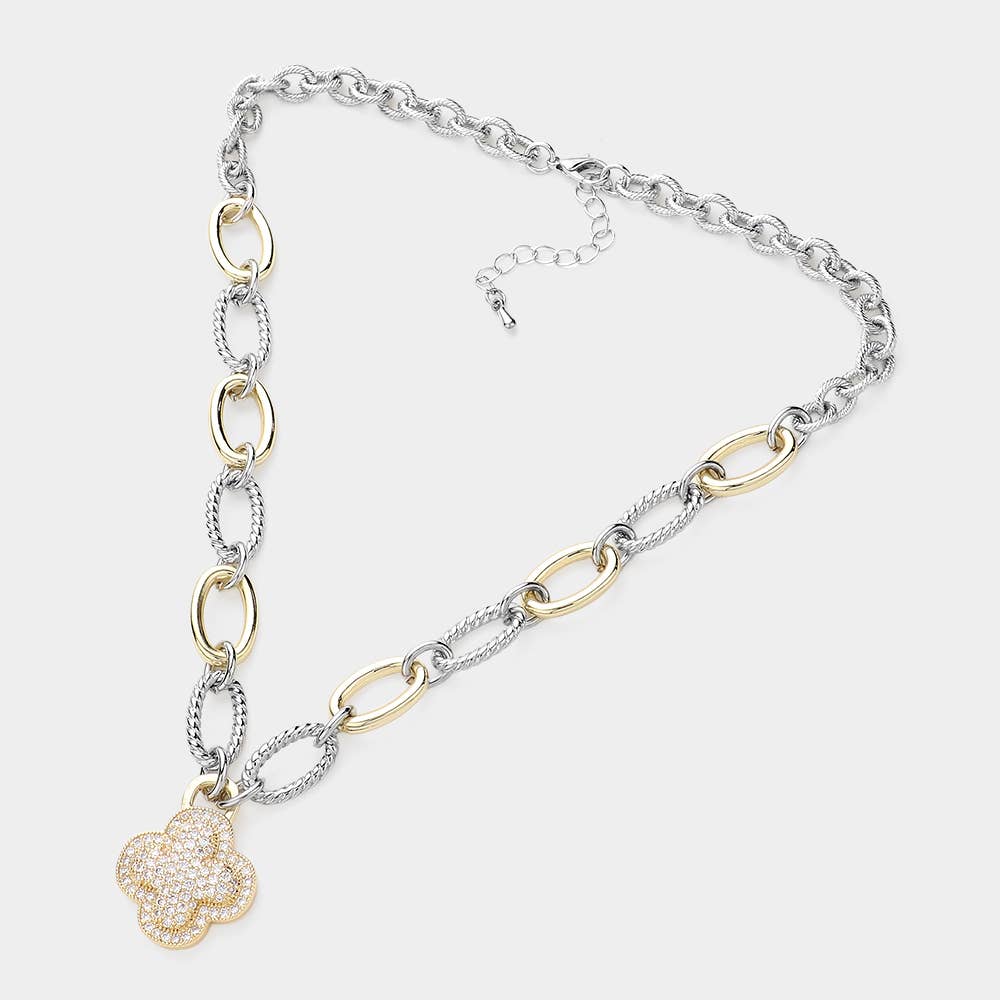 Adele CZ Stone Paved Quatrefoil Pendant Necklace