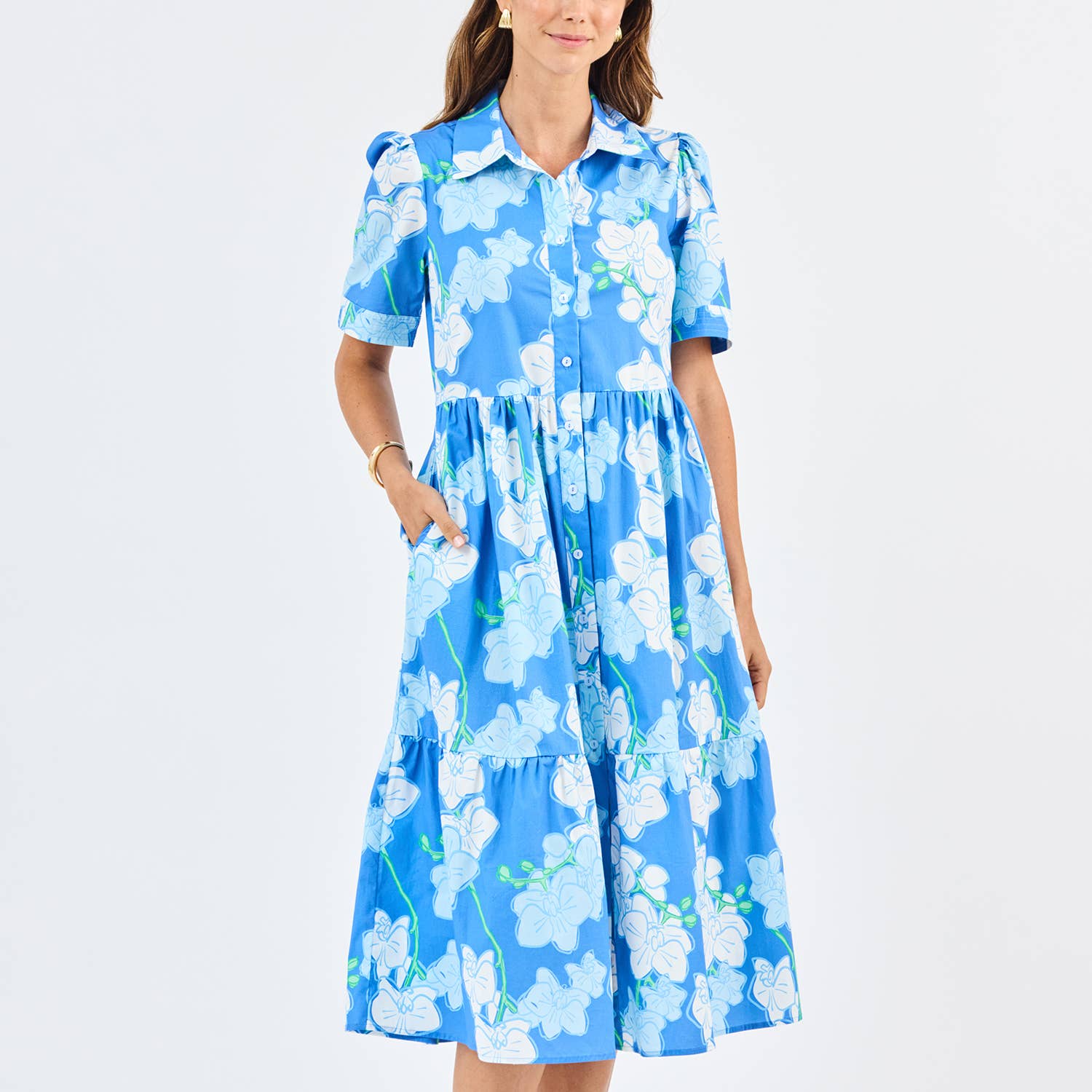 Mary Square Jema Orchid Reverie Midi Dress, elegant floral dress with flowing fabric and vibrant orchid pattern.
